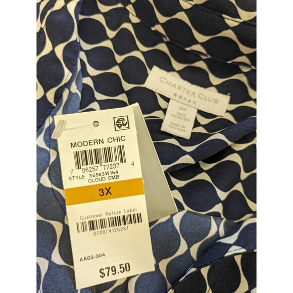 Charter Club Women's Button Down Top Roll Tab Navy Blue Gold Button Blouse 3X - Picture 7 of 10